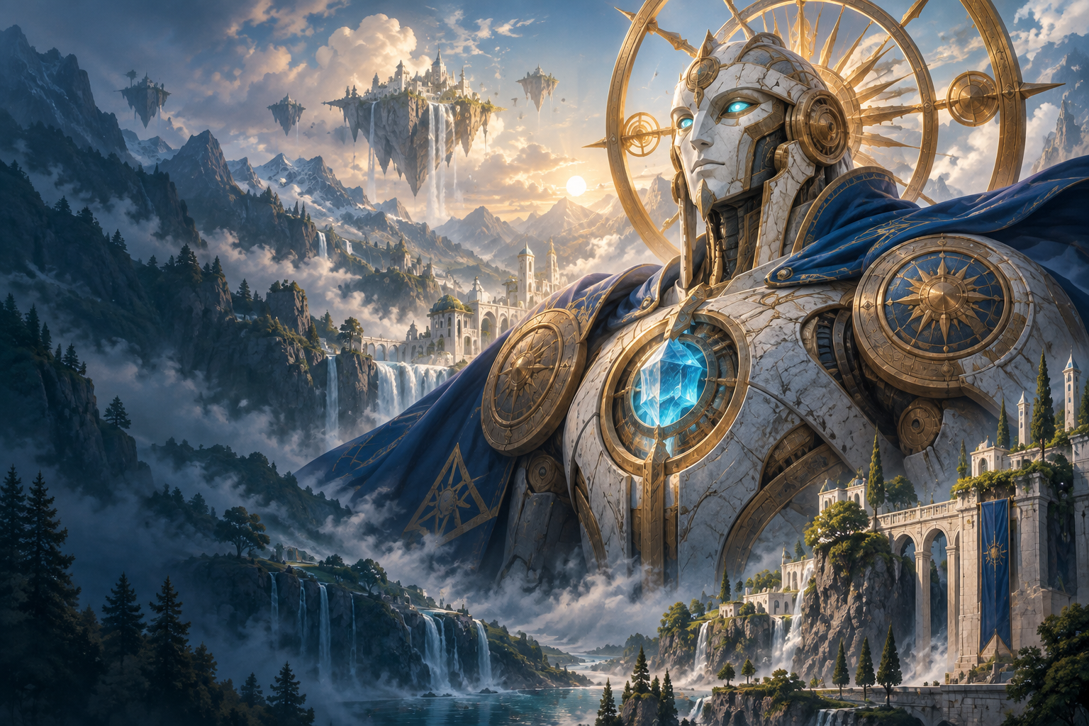 A majestic stone and gold sun guardian above a bright mountain valley